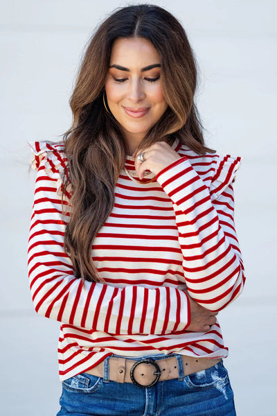 Women's Red Striped Ruffle Sleeve Cotton Blend Blouse