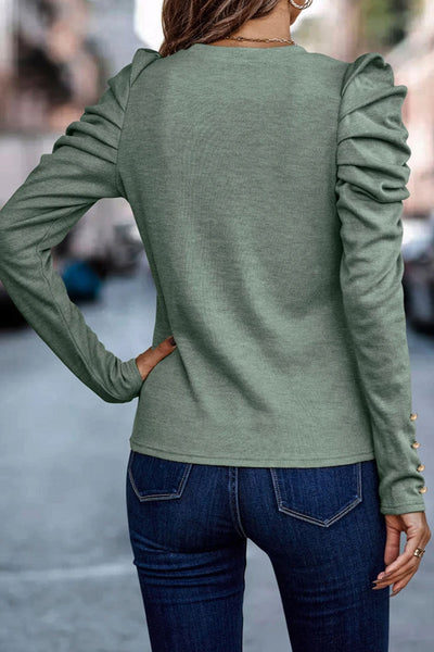 Stylish Women's Green Puff Sleeve Sheath Top with Button Detail - Perfect for Everyday Comfort and Chic Looks