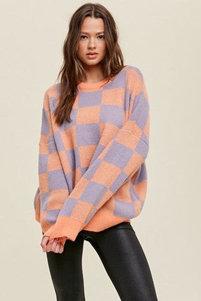 Cozy Baggy Fit Women's Grapefruit Orange Checkered Knit Sweater with Ribbed Trim for Effortless Casual Style