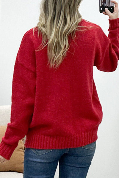 Women's Cozy Racing Red Bow Knot Heart Stitch Drop Shoulder Sweater - Stylish Casual Top for Everyday Wear