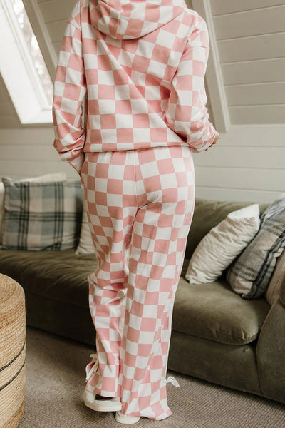 Stylish Women's Pink Checkered Hoodie and Side Stripe Pants Set with Bow Knot - Trendy 2-Piece Loungewear for Comfort
