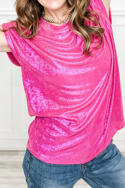 Women's Bright Pink Metallic Round Neck Cap Sleeve Tee