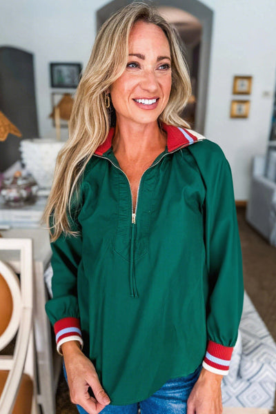 Trendy Women's Evergreen Striped Long Sleeve Blouse with Zip Split Neck & Stylish Patchwork | Versatile Everyday Top