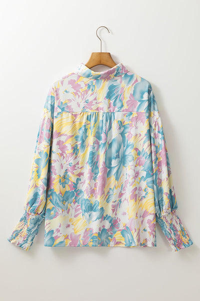 Chic Women's Oversized Yellow Floral Shirt with Shirred Cuffs for Effortless, Relaxed Style and Comfort