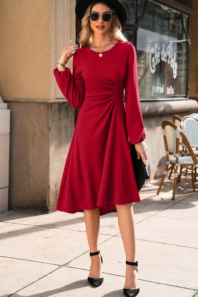 Women's Fiery Red Ruched Midi Dress with Bishop Sleeves