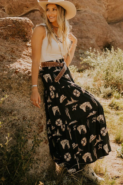 Women's Black Western Print Tiered Ruffled High Waist Maxi Skirt