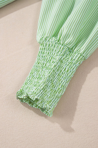 Women's Grass Green Pinstripe Button-Up with Smocked Cuffs