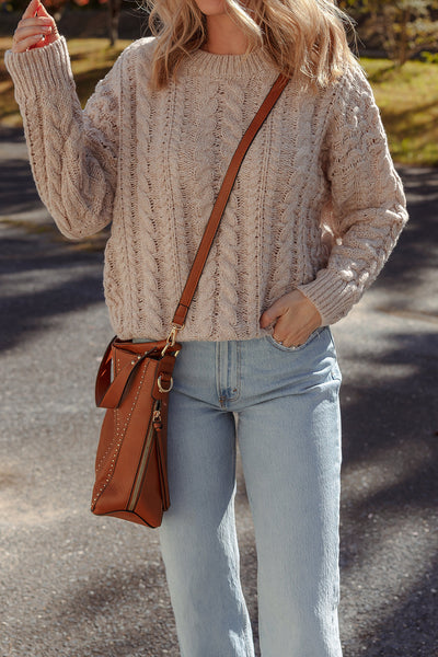Cozy Women's Parchment Cable Knit Sweater with Drop Shoulders - Effortless Casual Chic for Everyday Style