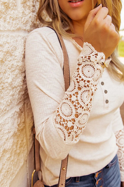 Chic Women's Beige Crochet Lace Hem Short Sleeve Button-Up Top for Effortless Casual Style