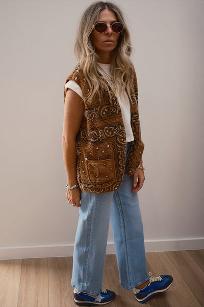 Cozy Women's Brown Sherpa Western Vest Jacket with Paisley Print and Pockets - Perfect Layer for Fall Style made for easy styling and wardrobe