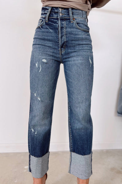 Trendy Women's Blue High-Waisted Distressed Straight Leg Jeans for Effortless Style and All-Day Comfort