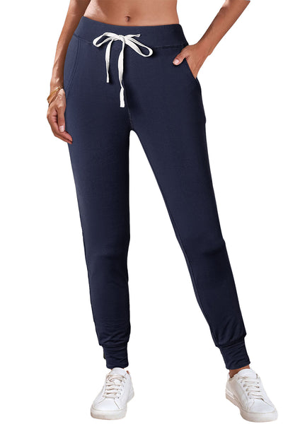 Women's Comfortable Navy Blue Drawstring Joggers with Elastic Waist and Pockets for Casual Everyday Style