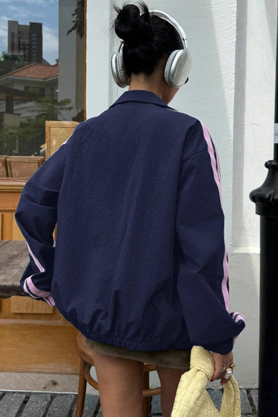 Women's Casual Dirty Blue Zip-Up Sweatshirt Jacket with Stylish Bow Embroidery - Perfect for Everyday Comfort