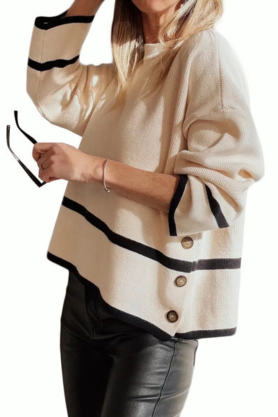 Beige Ribbed Knit Sweater for Women with Contrasting Stripes and Button Side Detail - Loose Fit, Cozy Style