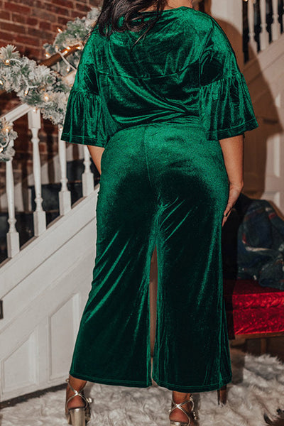 Plus Size Women's Blackish Green Velvet Ruffled Half Sleeve Top with Drawstring Pants Set for Stylish Comfort