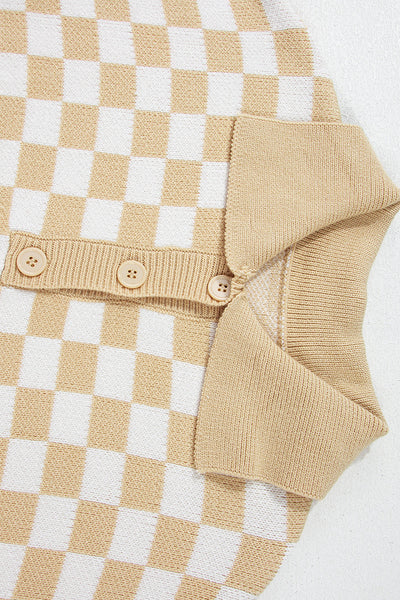 Cozy Women's Apricot Checkered V-Neck Sweater with Button Details & Drop Shoulder for Effortless Style