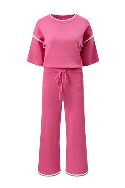 Women's Bright Pink Textured Knit Sweater and Wide-Leg Pant Set