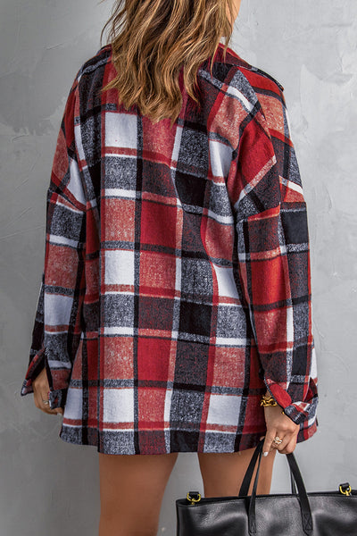 Women's Crimson Red Plaid Shacket: 100% Polyester Oversized Layer