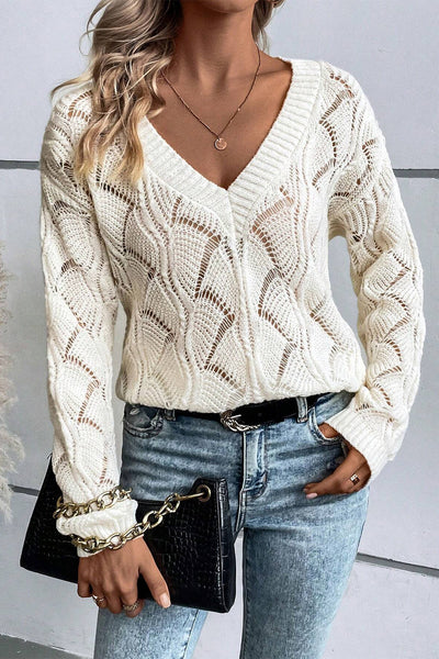 Chic Beige V-Neck Knit Sweater for Women with Drop Shoulders - Stylish Hollow Out Design for Trendy Fall Fashion