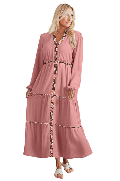 Women's Bohemian Peach Blossom Floral Maxi Dress with Patchwork, Long Sleeves, and Notched Neck for Effortless Style