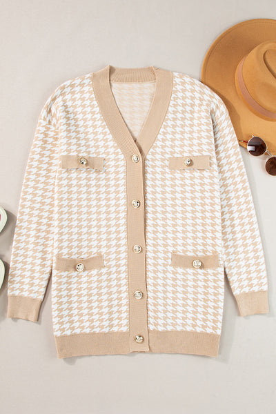 Chic Women's Slim Fit Khaki Cardigan with Contrast Edges, Metal Buttons, and Functional Pockets for Effortless Style