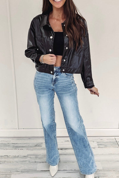 Chic Women's Black Faux Leather Jacket with Snap Buttons, Collared Design, and Trendy Patched Pockets