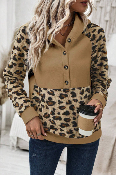 Light Beige Leopard Print Patchwork Hoodie for Women - Casual Raglan Sleeve Design with Half Buttons