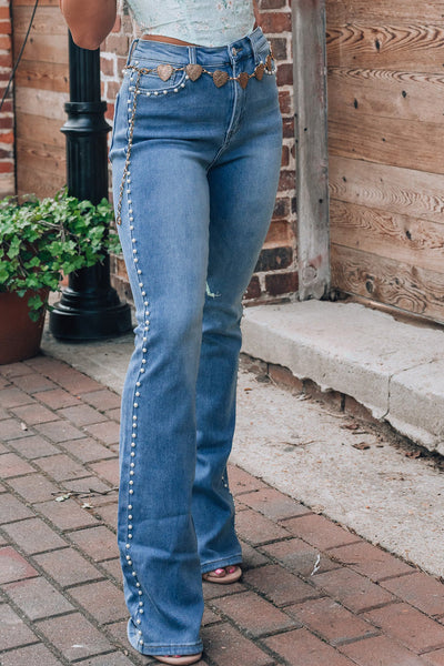 Women's Dusk Blue Pearl Boot Cut Denim Jeans in Jeans