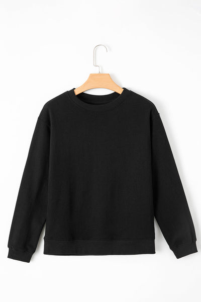 Women's Cozy Black Fleece-Lined Drop Shoulder Sweatshirt - Relaxed Fit Terry Fabric for Ultimate Comfort and Style