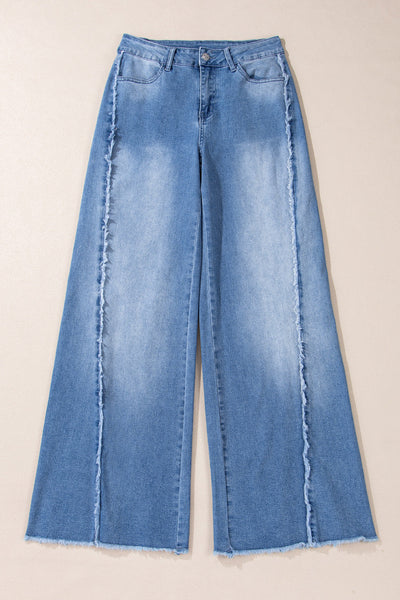 Beau Blue Women's Vintage Flared Jeans in Chic Raw Hem with Unique Stitching for Effortless Casual Style