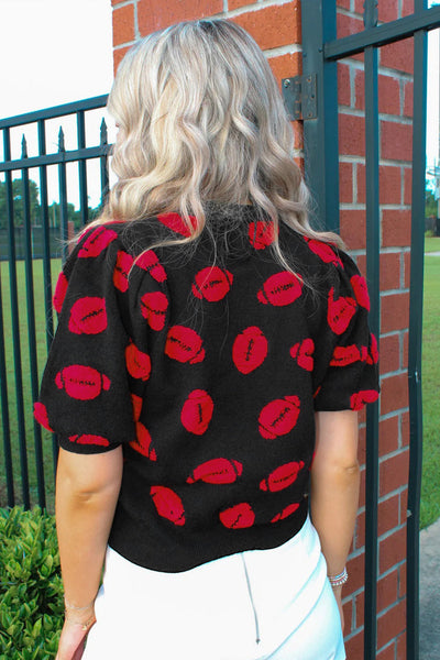 Women's Stylish Black Knit Short Sleeve Sweater with Rugby Print Comfortable Casual Top for Everyday Fashion