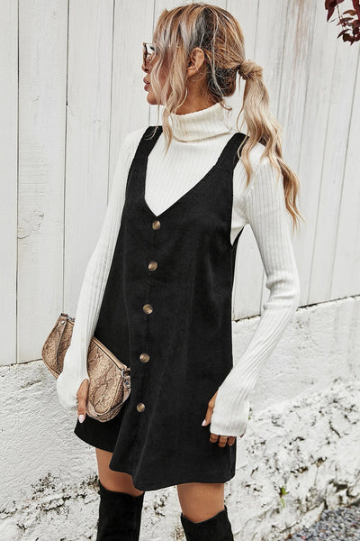 Trendy Women's Black Sleeveless Corduroy Mini Dress with V-Neck and Button Front Perfect for Casual and Evening Wear