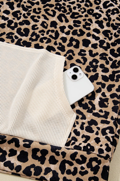 Women's Leopard Print Waffle Knit Hoodie with Kangaroo Pocket