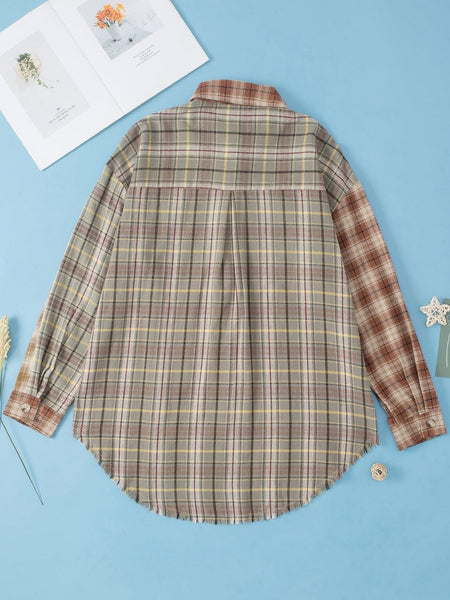 Rustic Brown Patchwork Plaid Shacket with Raw Edge Finishing