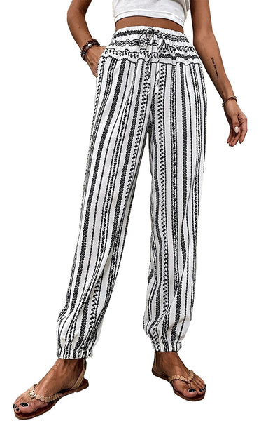 Women's Black Striped Boho Joggers with Drawstring Waist  Casual Comfort Pants for Effortless Style
