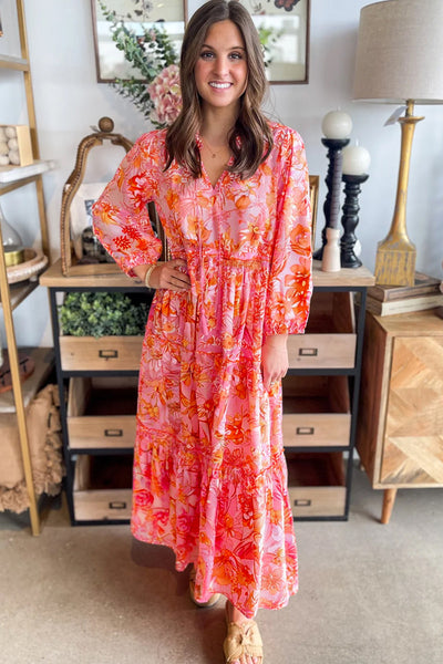 Bohemian Women's Pink Floral Maxi Dress with Long Sleeves and Tassel Tie - Effortless Summer Elegance for Every Occasion