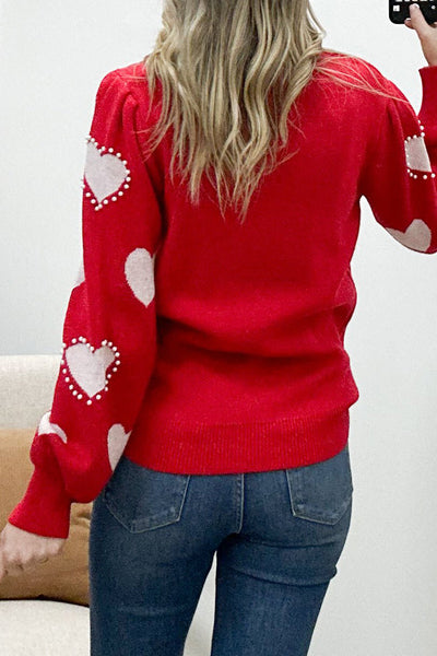 Chic Women's Racing Red Heart Print Sweater with Pearl Details and Trendy Long Sleeves for Effortless Style