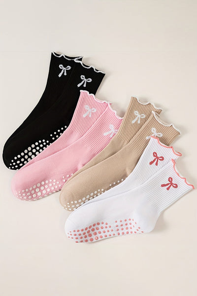 Women's Cotton-Polyester Bow Crew Socks with Non-Slip Grips