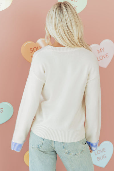 Women's Plaid Heart Embroidered Cuffed Crew Neck Sweater