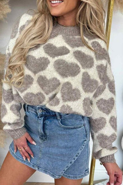 Valentine's Heart Pattern Oversized Mock Neck Sweater for Women - Cozy Knit Casual Chic in Soft Pink