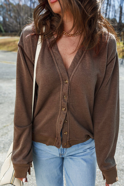 Cozy Women's Coffee V-Neck Button-Up Cardigan - Versatile Knit Layer for Effortless Everyday Style