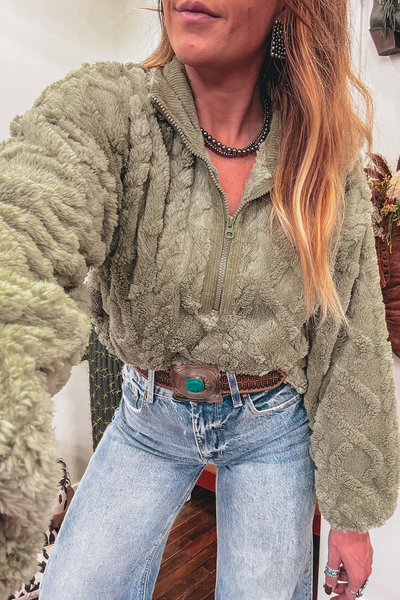 Cozy Women's Laurel Green Textured Plush Half Zip Sweatshirt with Stand Collar for Casual Comfort and Style