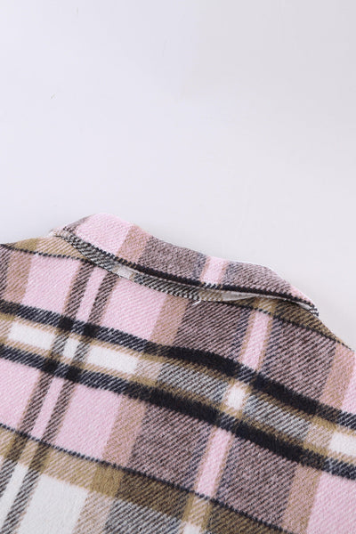 Trendy Women's Oversized Pink Geometric Plaid Shacket with Pockets Perfect for Casual Chic Outfits