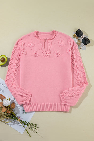 Women's Peach Blossom Knit Sweater with Notched Neck and Floral Details - Cozy, Stylish, Perfect for Spring Outfits