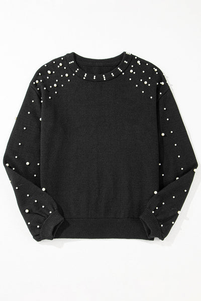 Elegant Black Pearled Drop Shoulder Sweater for Women - Cozy Round Neck Knit Top with Stylish Design and Comfortable Fit