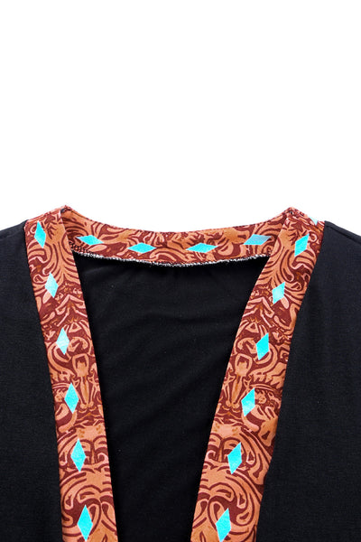 Chic Women's Black Cow Print Patchwork Cardigan - Cozy Open Front Layer for Trendy Western Style Outfits