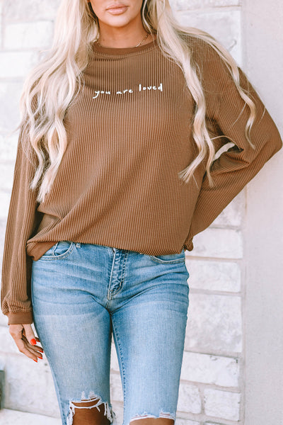 Women's Cozy Khaki "You Are Loved" Graphic Corduroy Sweatshirt - Casual Fit for Effortless Everyday Style