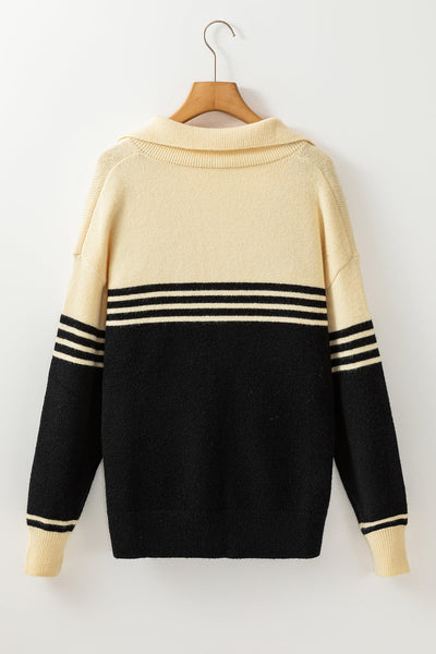 Stylish Women's Black and Colorblock Stripe V-Neck Sweater - Cozy Knit Top for Casual Chic Outfits