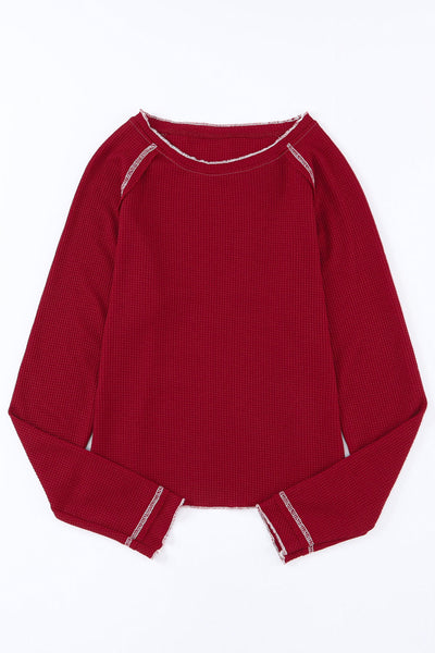 Women's Fiery Red Textured Long Sleeve Blouse - Casual Round Neck Top for Effortless Everyday Chic