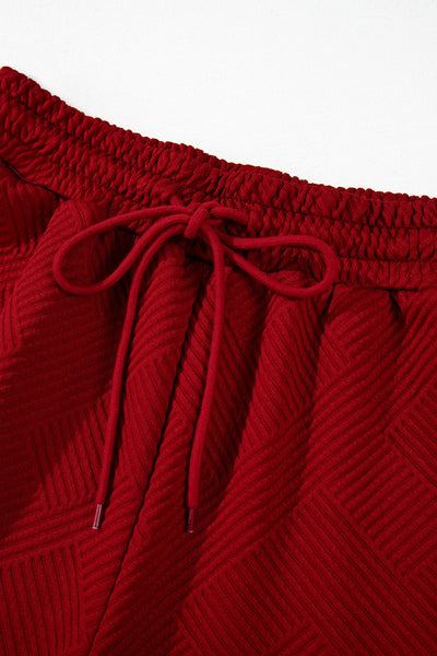 Women's Red Dahlia Textured Lounge Set: Loose Fit T-Shirt & Cozy Drawstring Pants for Casual Comfort